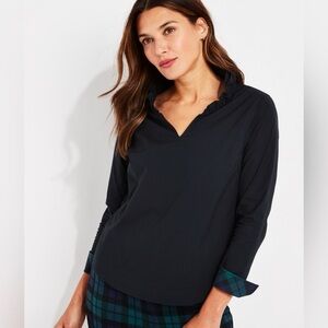 Vineyard Vines V Neck Ruffle Top Cotton Black Small Preppy Minimalist